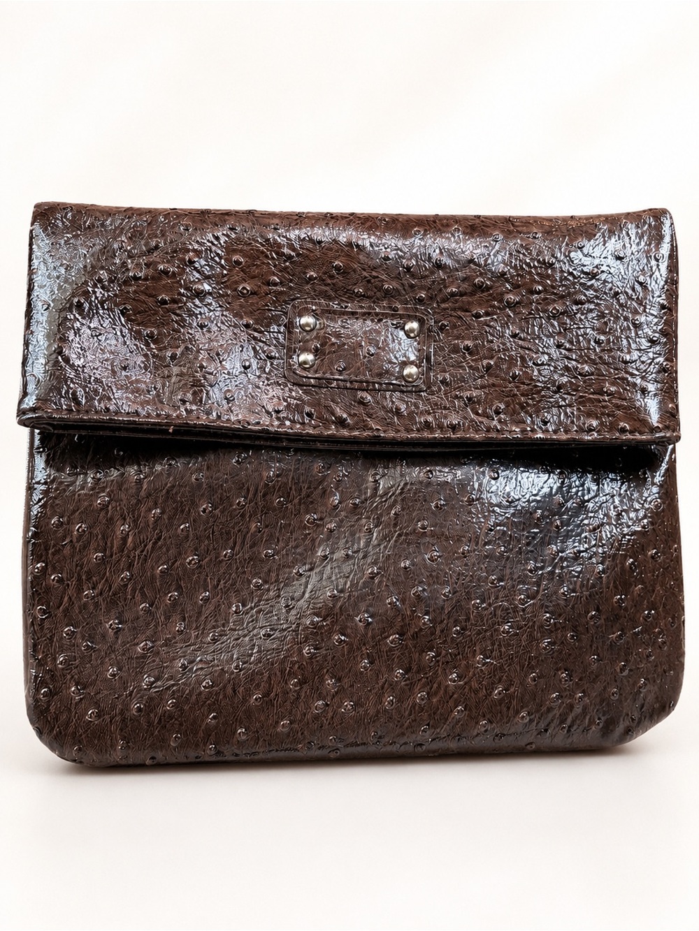 Vintage Style Nordstrom Brown Ostrich Embossed Patent Clutch NWT